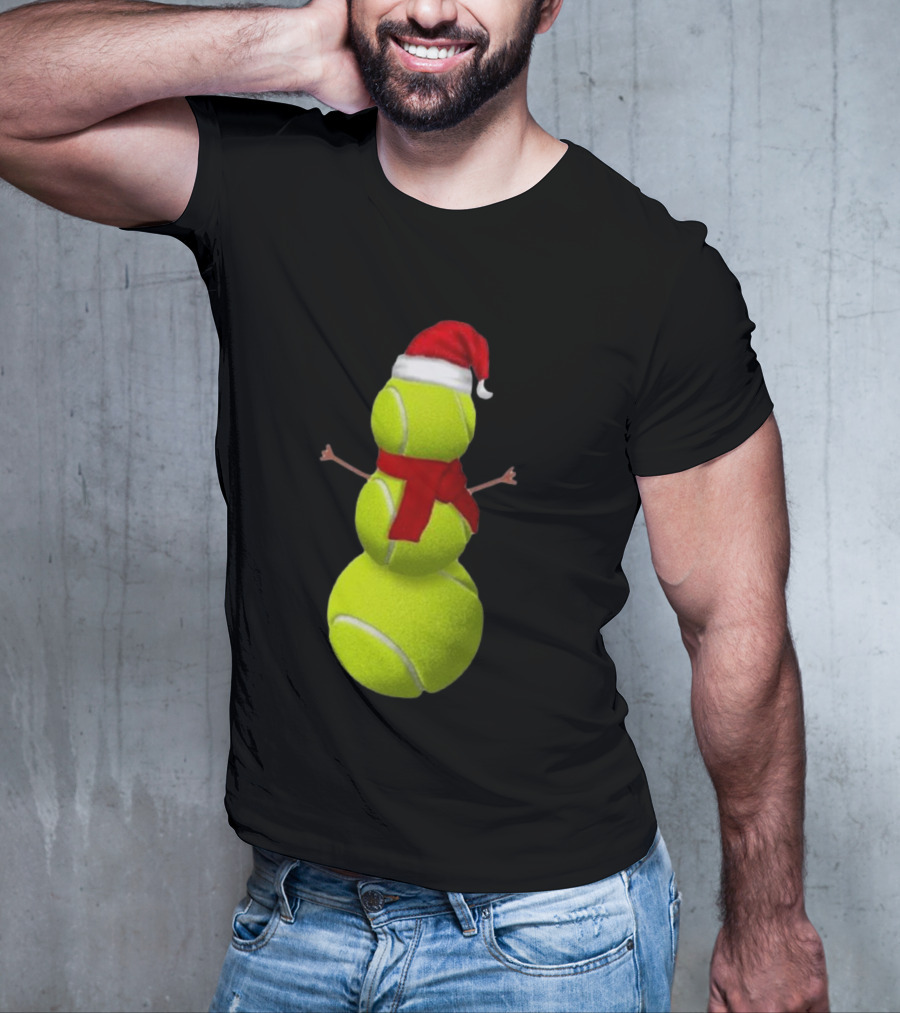 Tennis Ball Snowman With Santa Hat And Scarf Merry Christmas T-Shirt