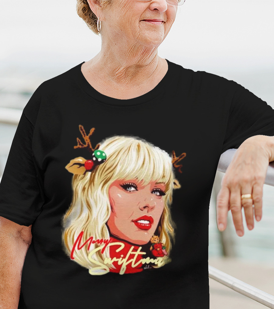 Merry Swiftmas Christmas Reindeer Antlers Bluscious Red Lips Holiday T-Shirt