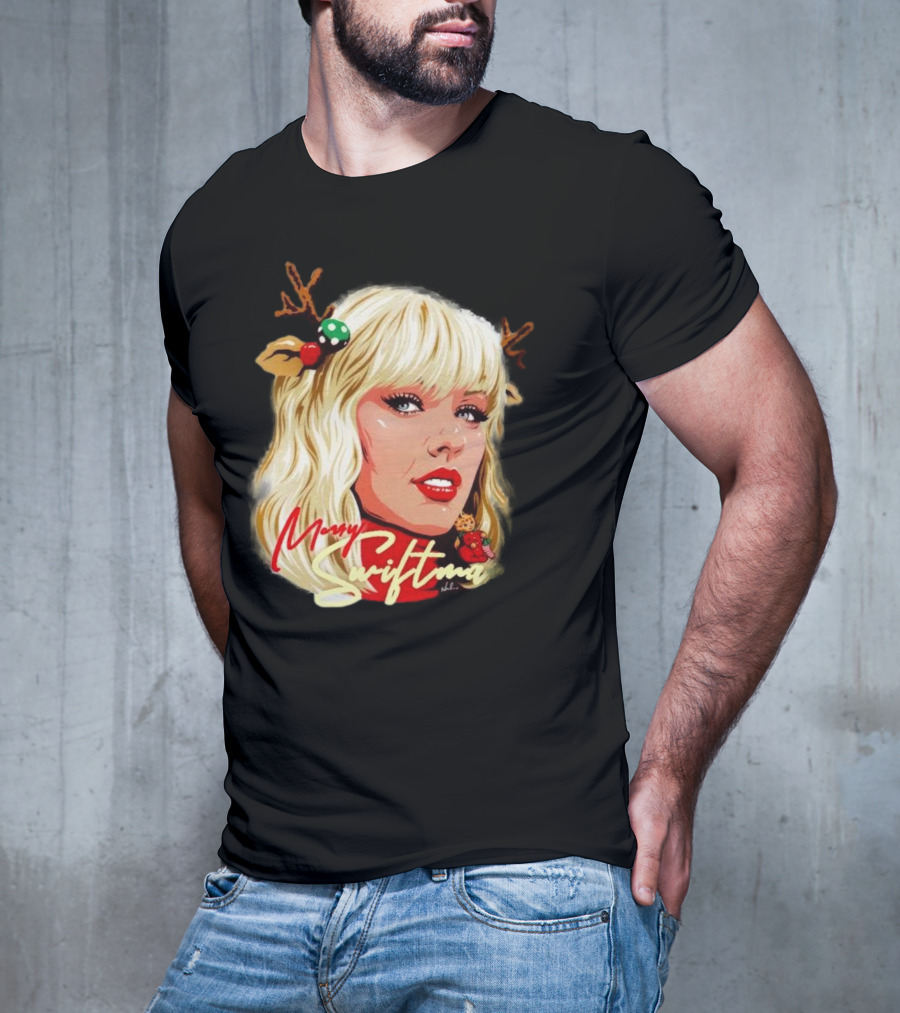 Merry Swiftmas Christmas Reindeer Antlers Bluscious Red Lips Holiday T-Shirt