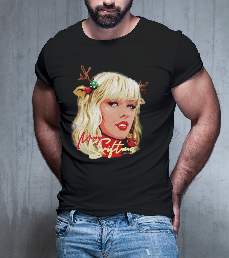 Merry Swiftmas Christmas Reindeer Antlers Bluscious Red Lips Holiday T-Shirt