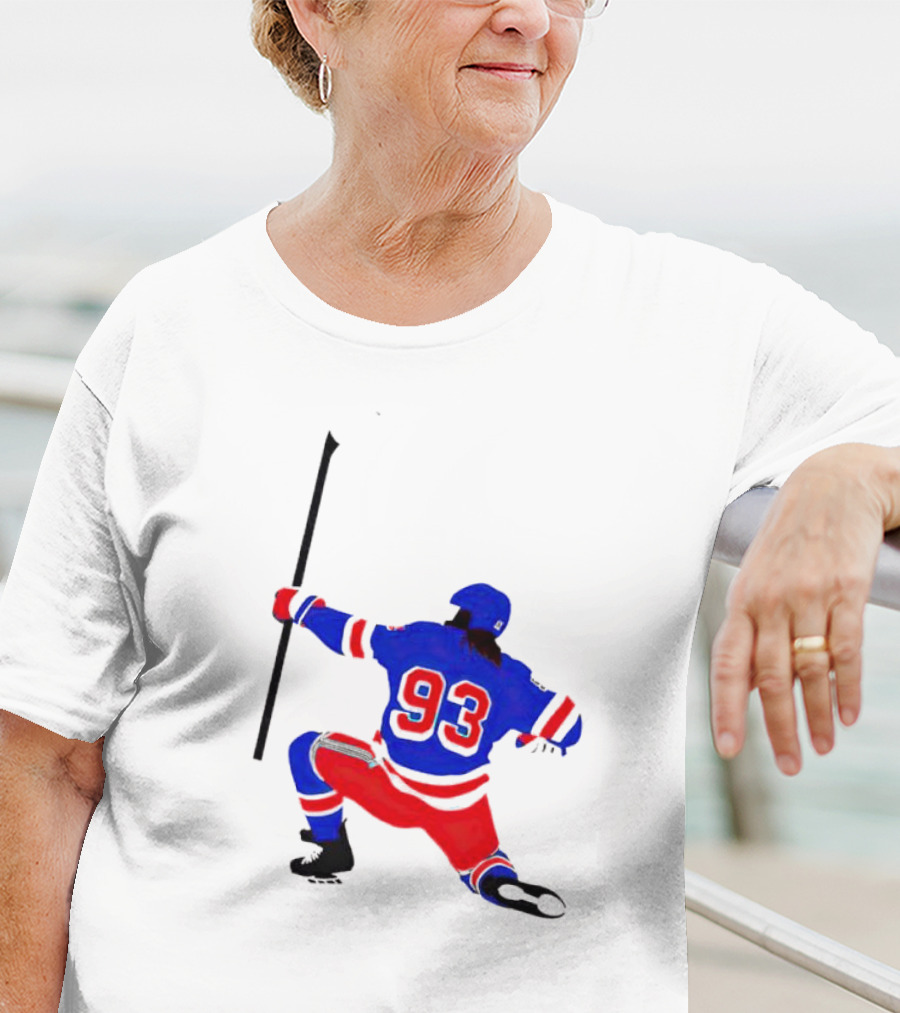 Mika Zibanejad Number 93 Hockey Celebration Iconic Bowing Pose T-Shirt