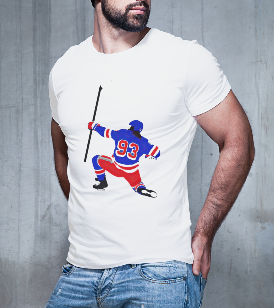 Mika Zibanejad Number 93 Hockey Celebration Iconic Bowing Pose T-Shirt