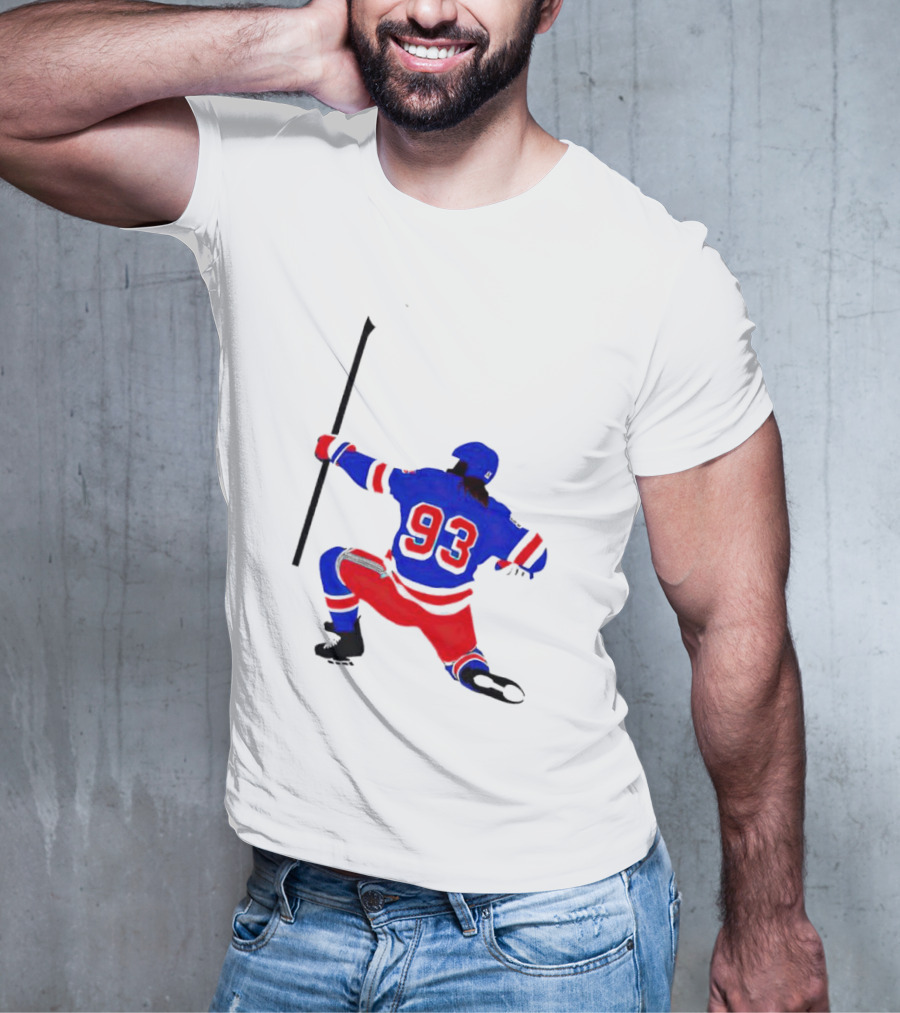 Mika Zibanejad Number 93 Hockey Celebration Iconic Bowing Pose T-Shirt