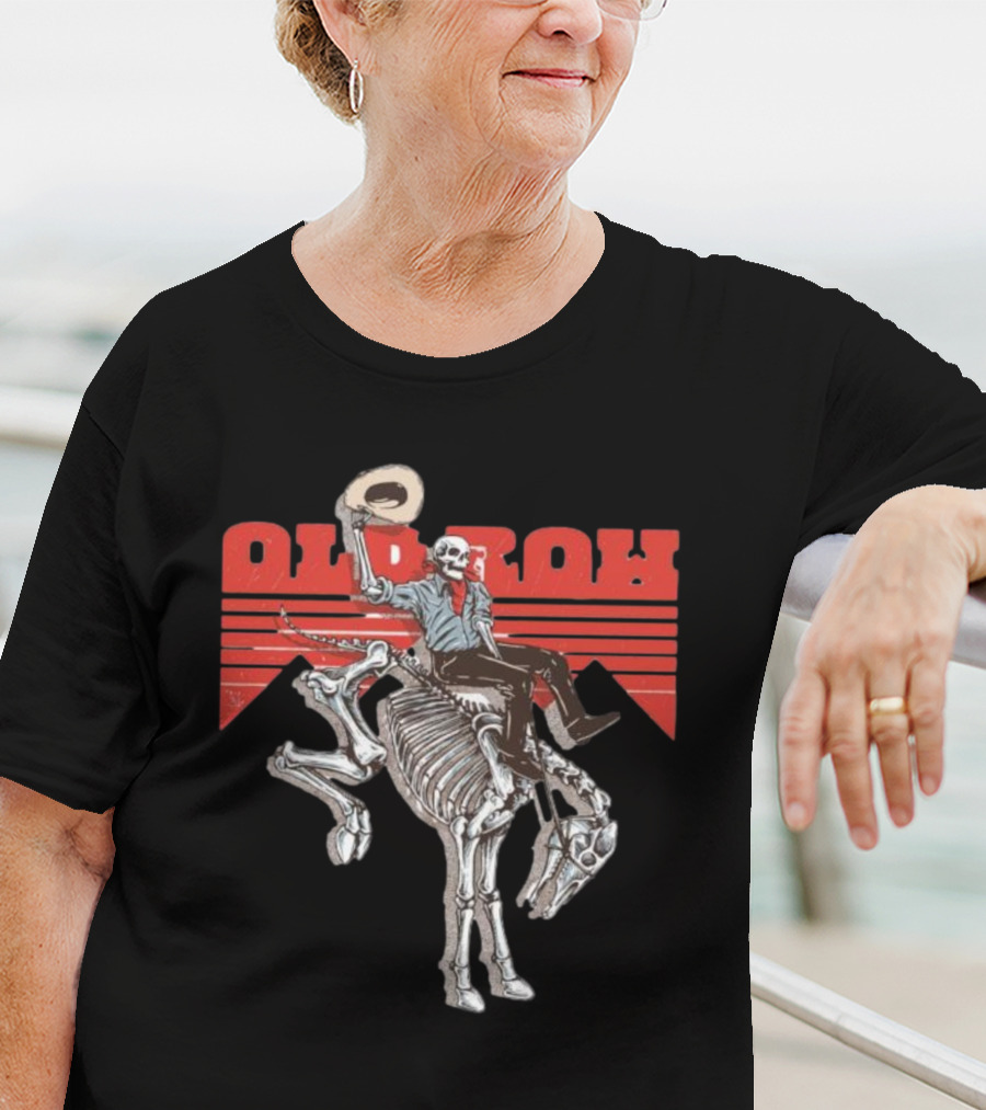 Old Row Skeleton Cowboy Riding A Skeleton Horse With Red Background Stripes T-Shirt