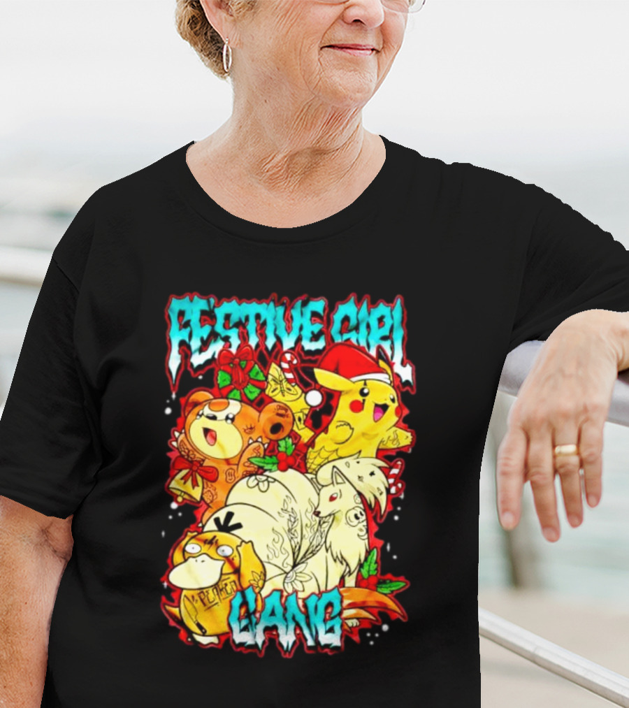 Festive Girl Gang Pokémon Pikachu Psyduck Clefairy Vulpix Christmas T-Shirt
