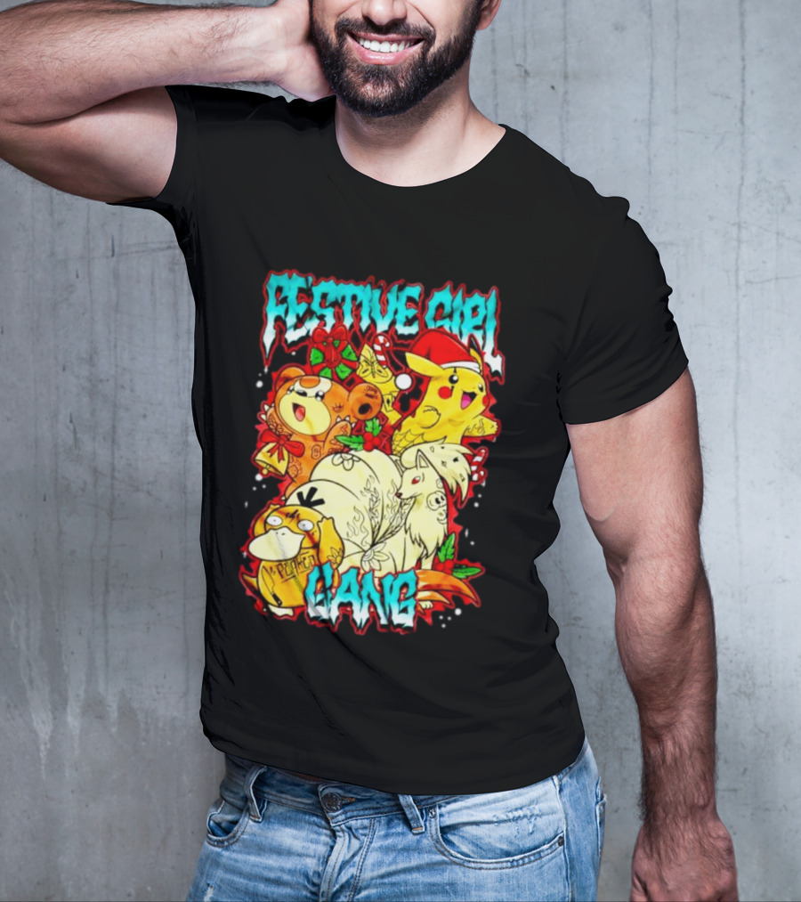Festive Girl Gang Pokémon Pikachu Psyduck Clefairy Vulpix Christmas T-Shirt