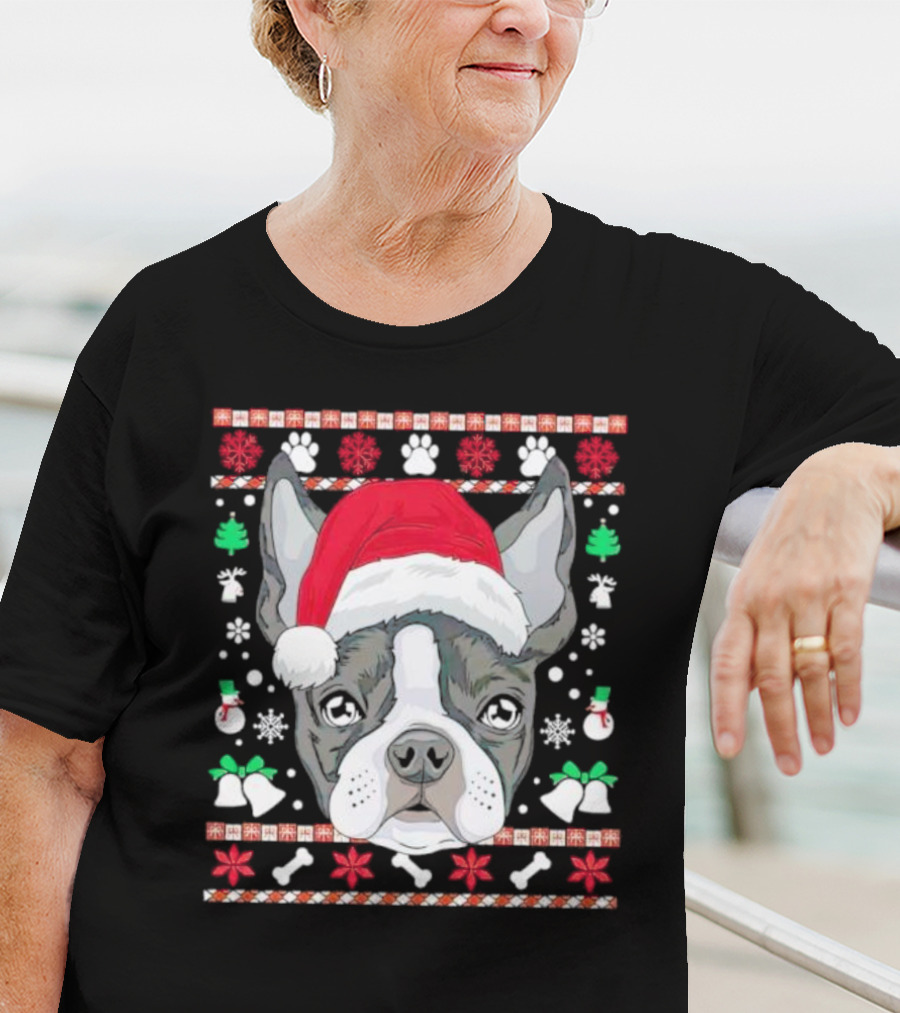Santa Boston Terrier Ugly Christmas Sweater Paws Bells Snowflakes T-Shirt