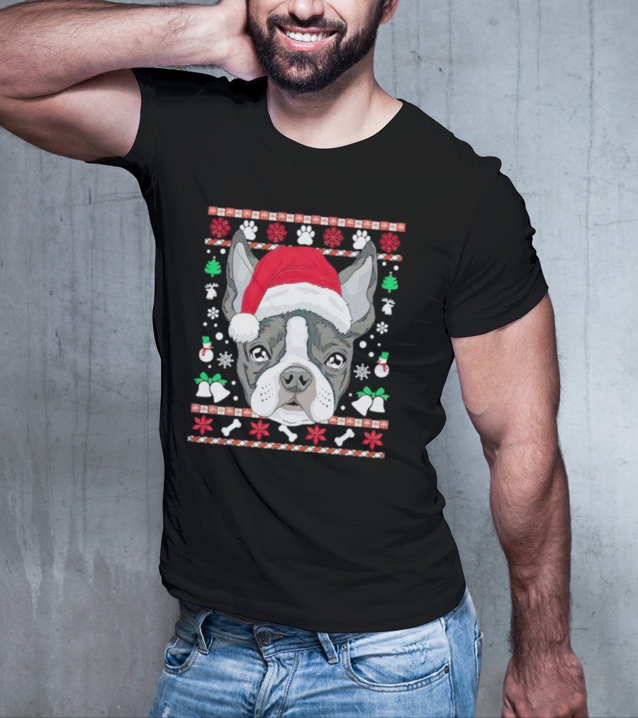Santa Boston Terrier Ugly Christmas Sweater Paws Bells Snowflakes T-Shirt
