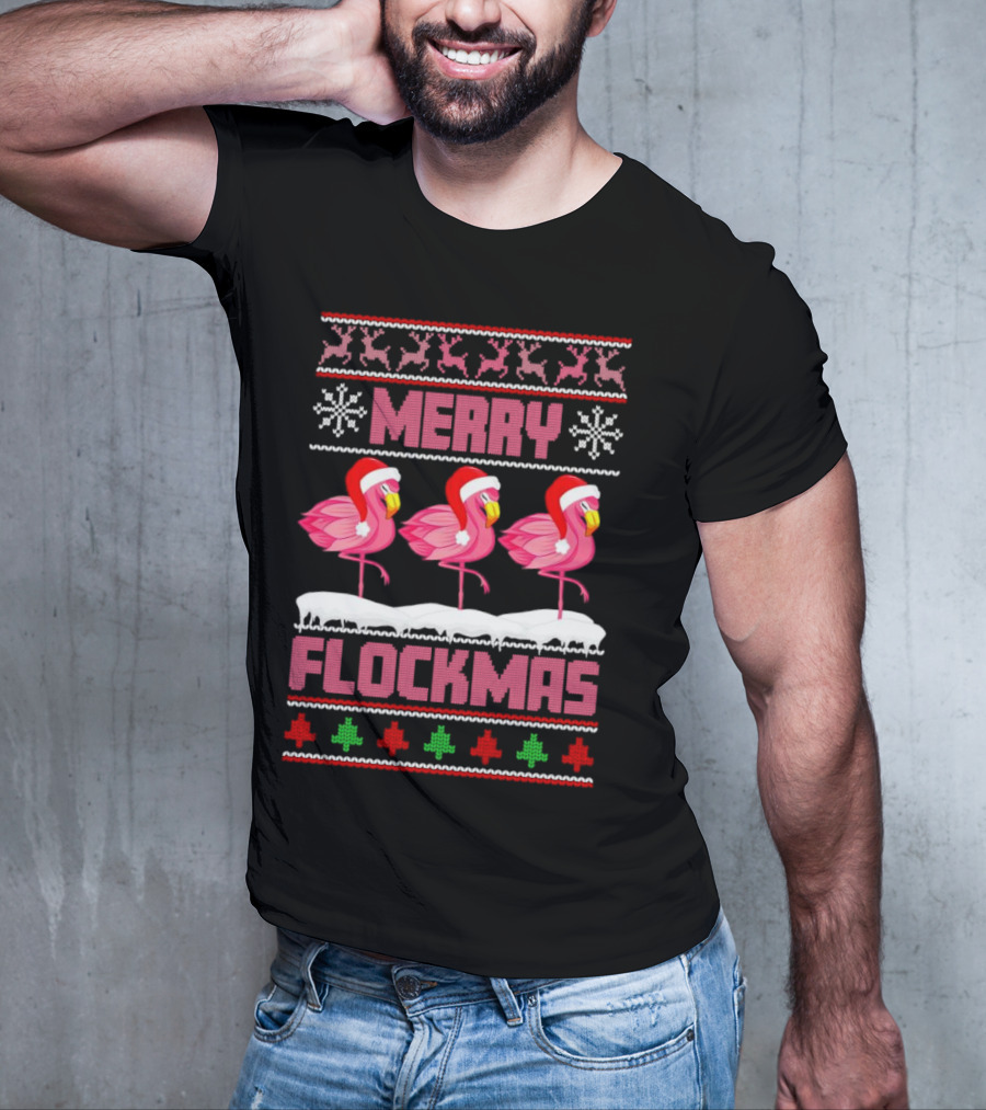 Merry Flockmas Christmas Santa Flamingo Trio Holiday T-Shirt