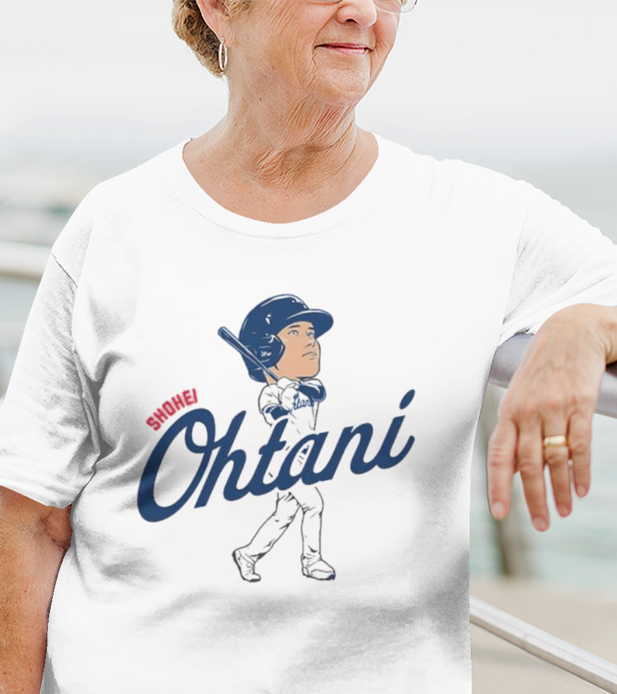 Shohei Ohtani Baseball Caricature With Blue Helmet And Batting Pose T-Shirt