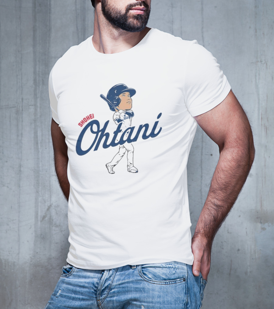 Shohei Ohtani Baseball Caricature With Blue Helmet And Batting Pose T-Shirt