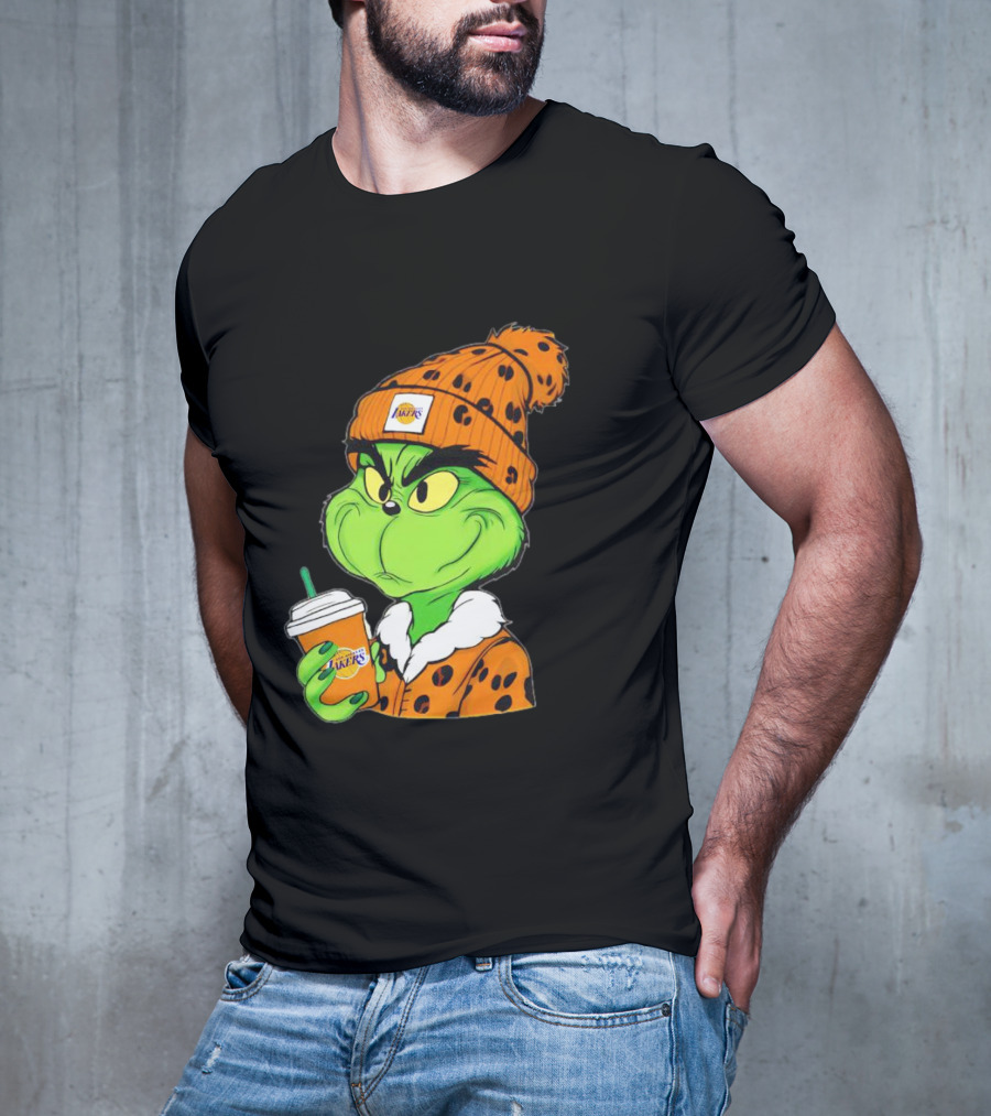 Grinch Drinking Los Angeles Lakers Cup Wearing Beanie T-Shirt