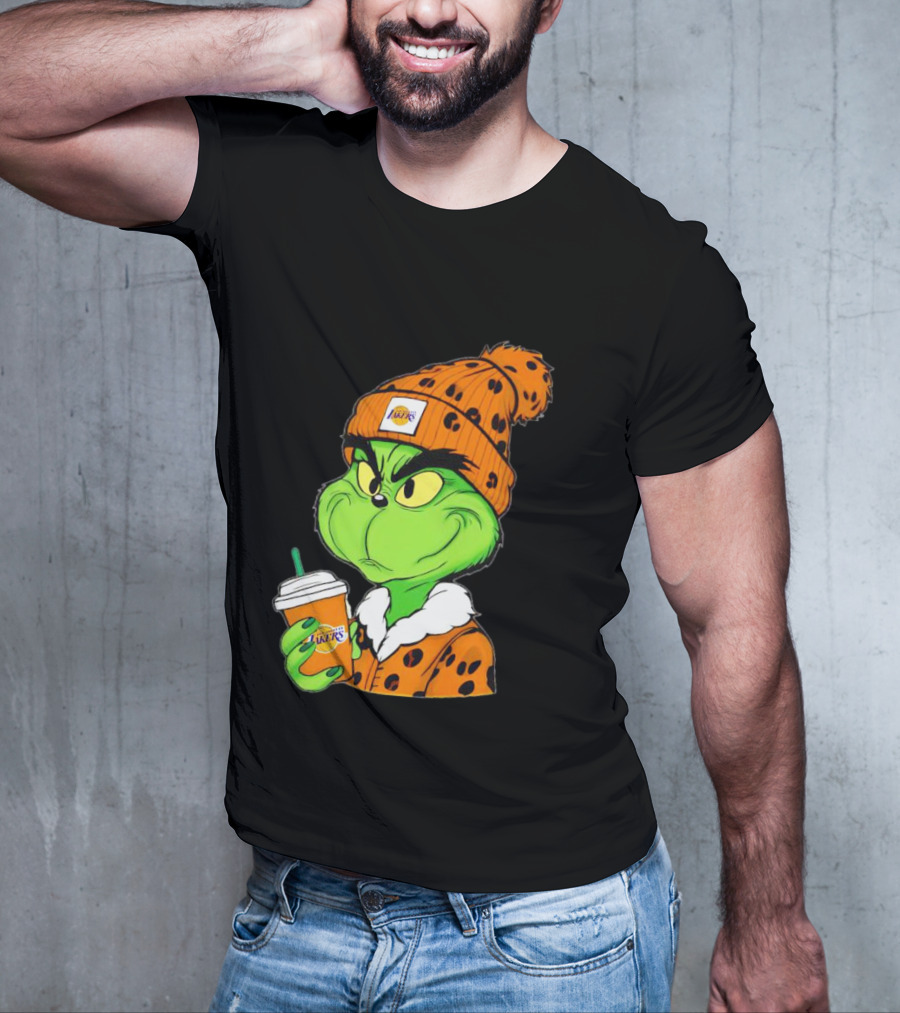 Grinch Drinking Los Angeles Lakers Cup Wearing Beanie T-Shirt