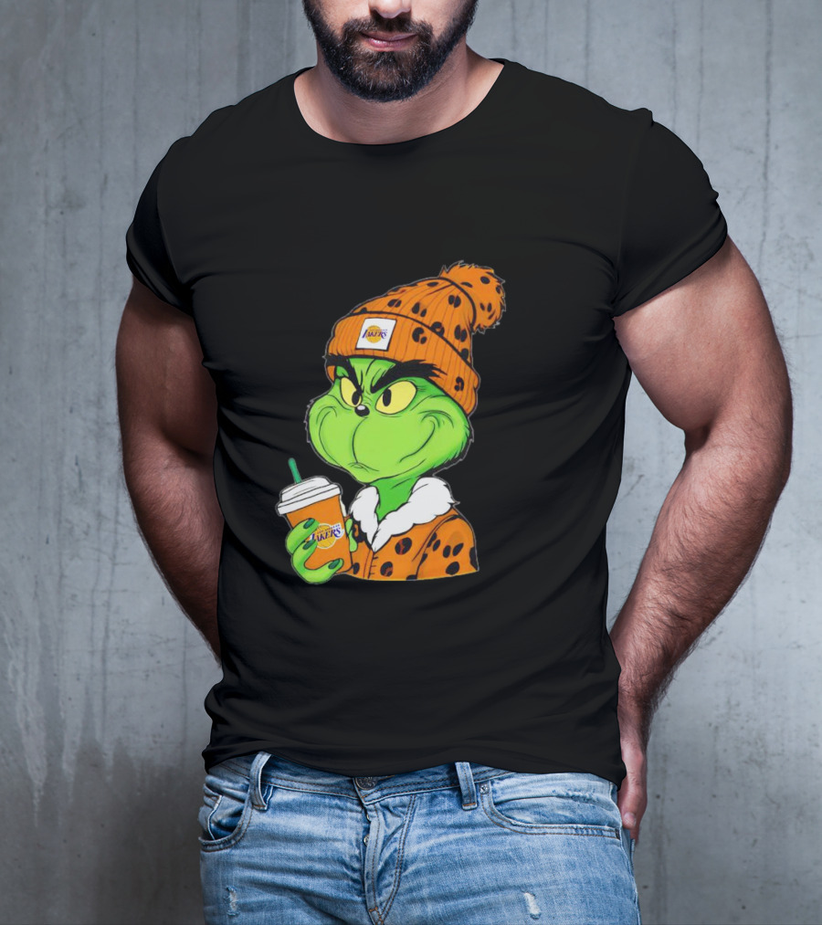 Grinch Drinking Los Angeles Lakers Cup Wearing Beanie T-Shirt