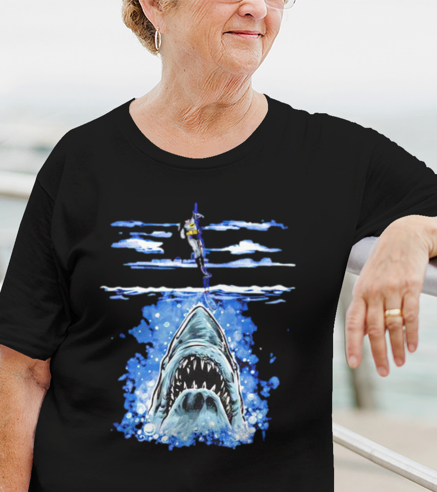 Jaws Batman Shark Repellent Hanging Above Menacing Shark T-Shirt