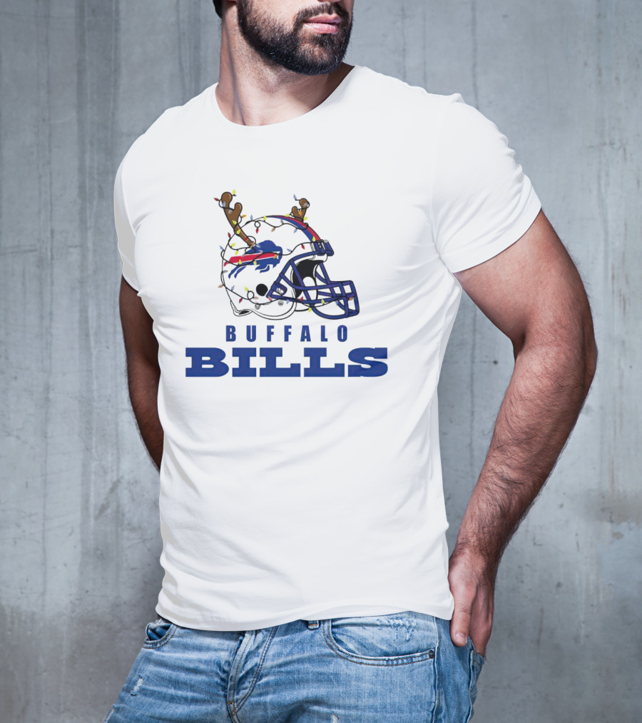 Buffalo Bills Helmet With Deer Antlers And Christmas Lights T-Shirt