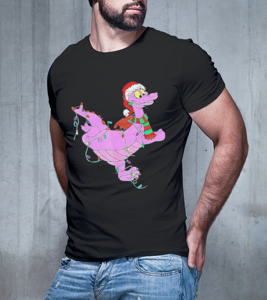 Dragon Figment In Santa Hat Wrapped In Christmas Lights T-Shirt