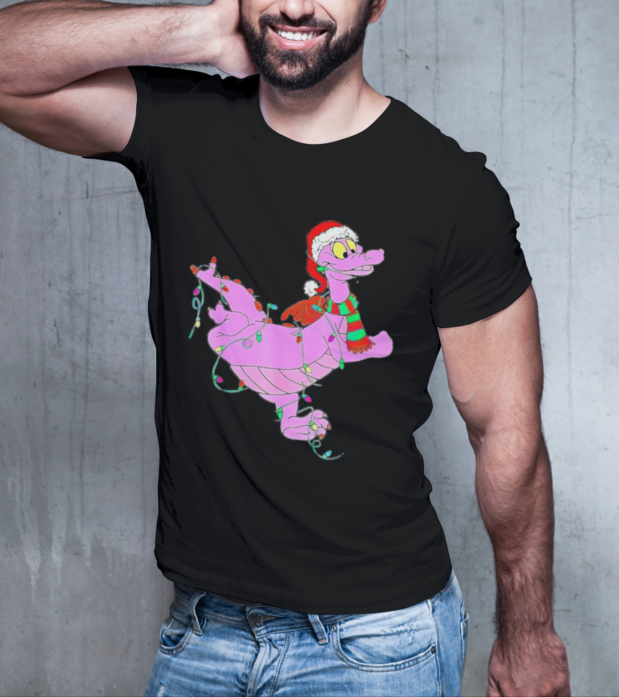 Dragon Figment In Santa Hat Wrapped In Christmas Lights T-Shirt