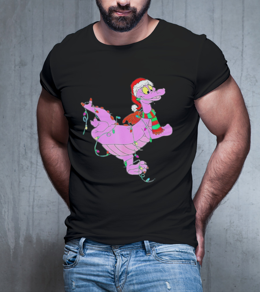 Dragon Figment In Santa Hat Wrapped In Christmas Lights T-Shirt
