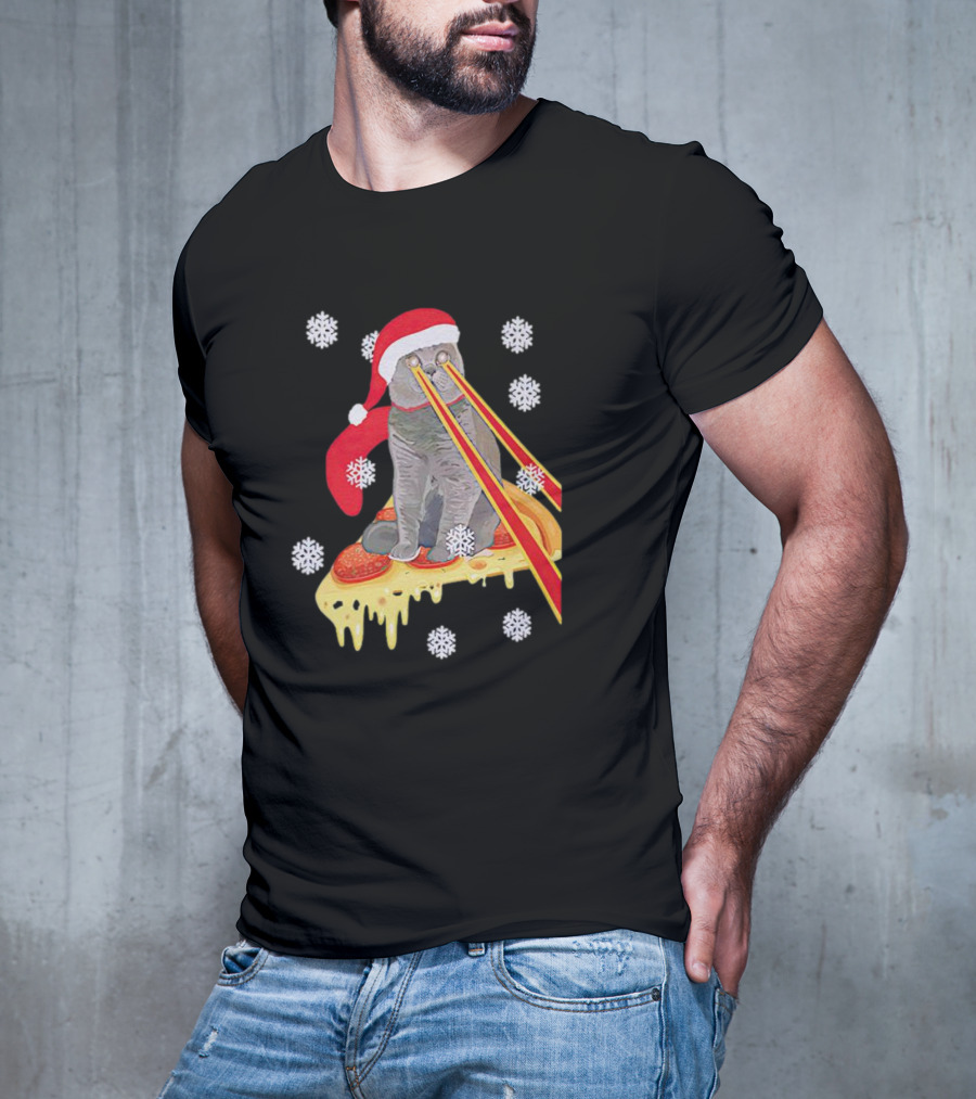 Santa Cat With Laser Eyes On Cheesy Pizza Snowflakes T-Shirt