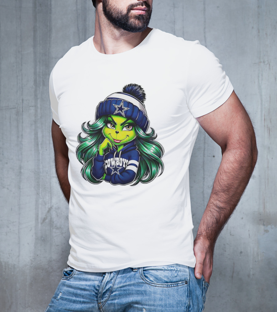 Grinch Girl In Dallas Cowboys Hat And Hoodie With Star T-Shirt