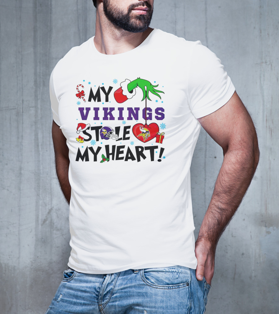Grinch Hand Holding Heart My Vikings Stole My Heart Christmas T-Shirt