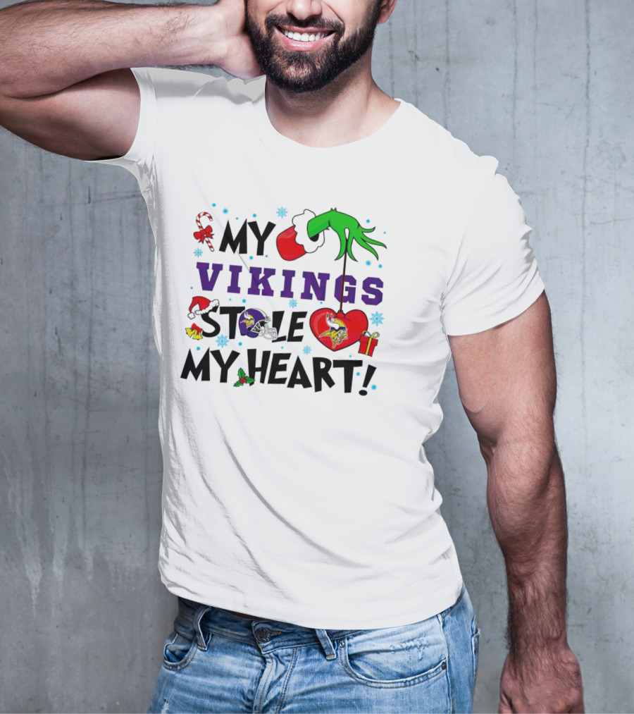 Grinch Hand Holding Heart My Vikings Stole My Heart Christmas T-Shirt