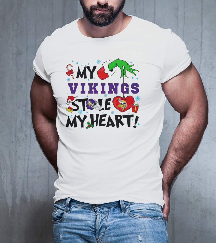 Grinch Hand Holding Heart My Vikings Stole My Heart Christmas T-Shirt