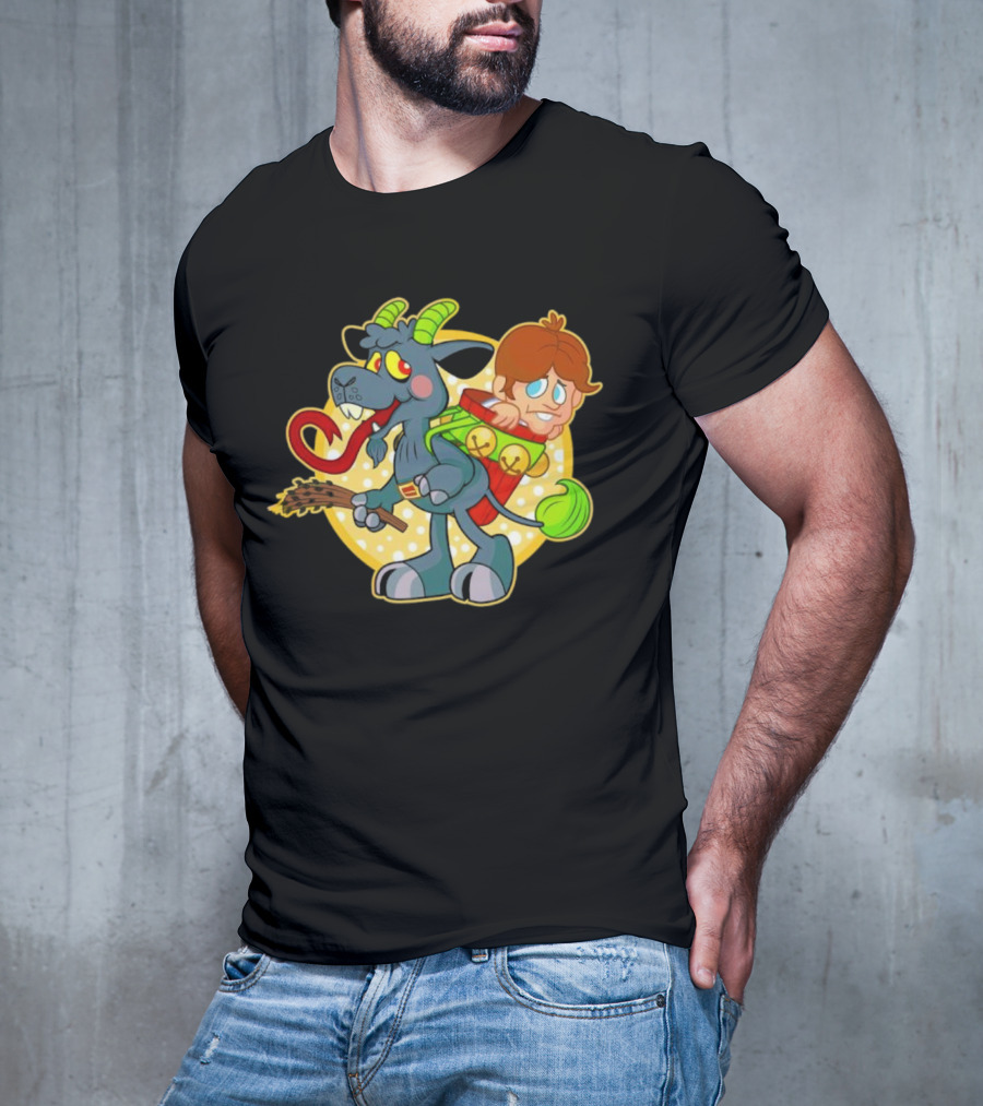 Krampus Rankin-Kramp Cartoon Goat With Red Backpack And Child T-Shirt