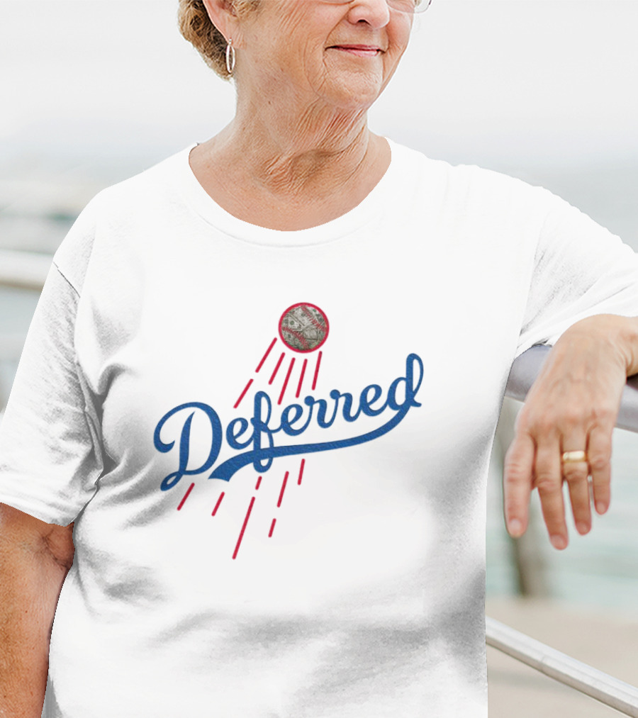 Los Angeles Dodgers Deferred Blue Script With Baseball And Red Streaks T-Shirt