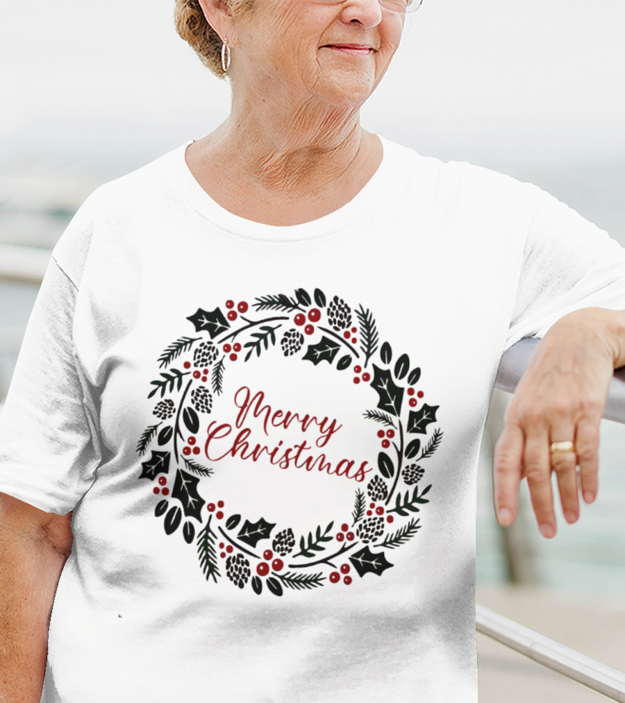 Merry Christmas Wreath With Pinecones And Holly T-Shirt