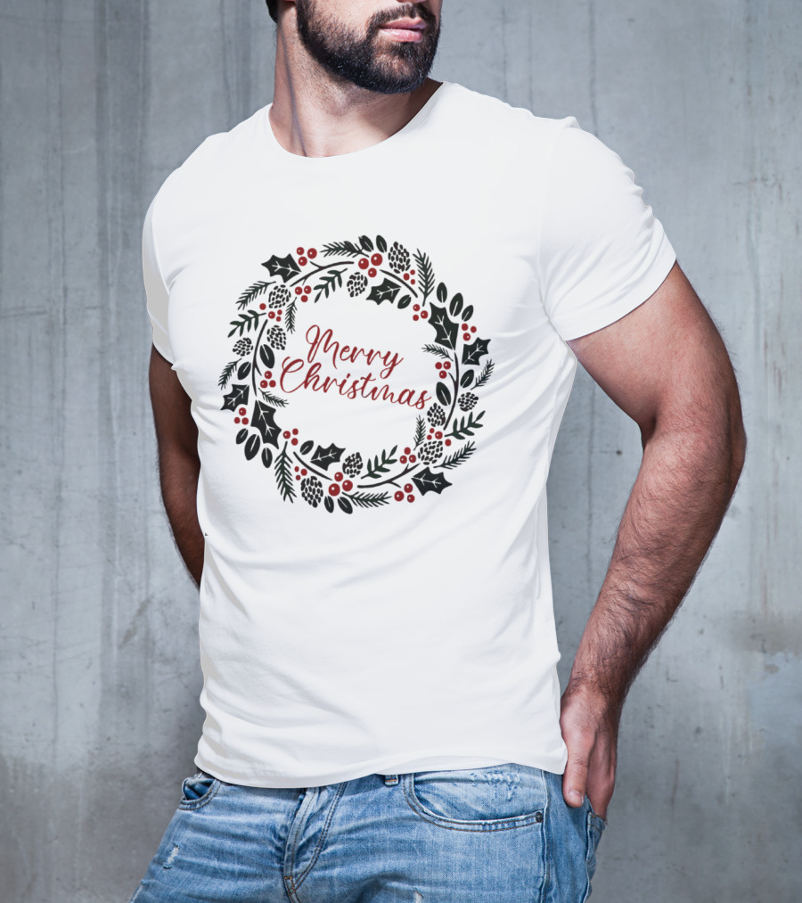 Merry Christmas Wreath With Pinecones And Holly T-Shirt