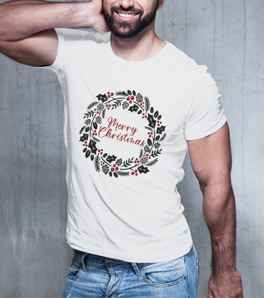 Merry Christmas Wreath With Pinecones And Holly T-Shirt