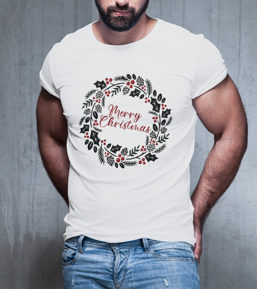 Merry Christmas Wreath With Pinecones And Holly T-Shirt