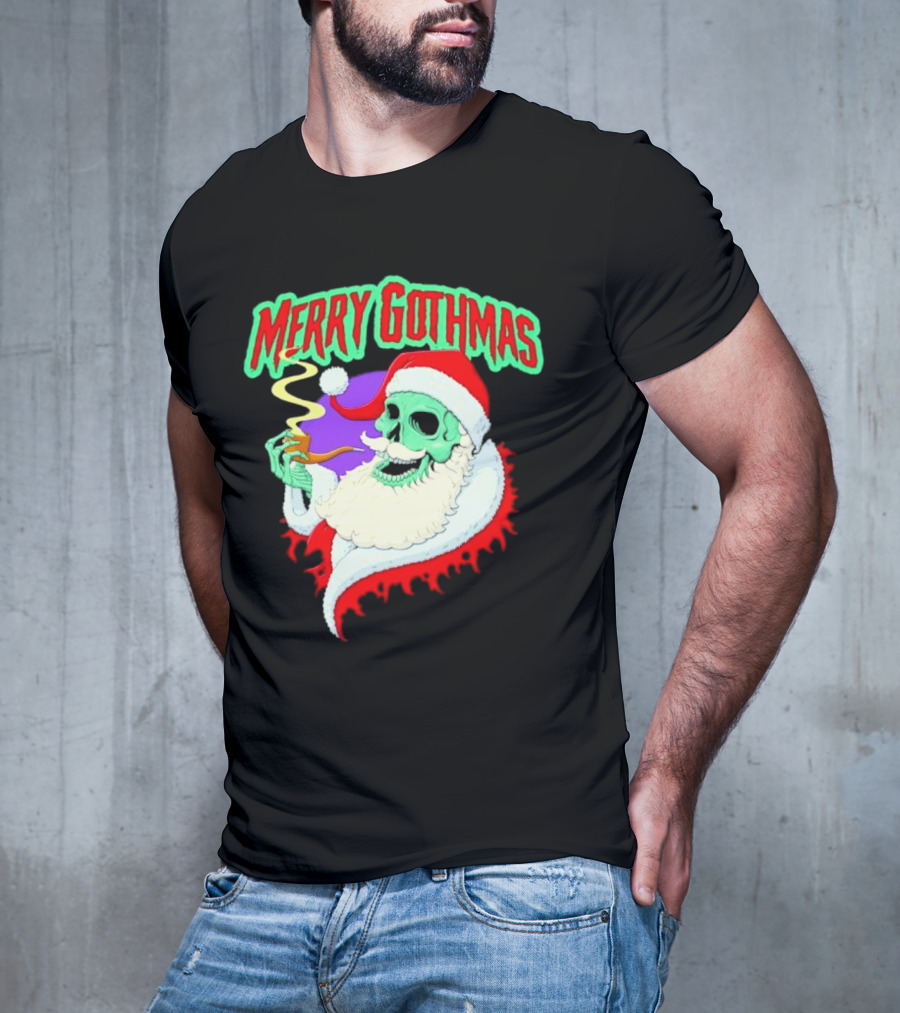 Merry Gothmas Skull Santa Smoking Holiday Greeting T-Shirt