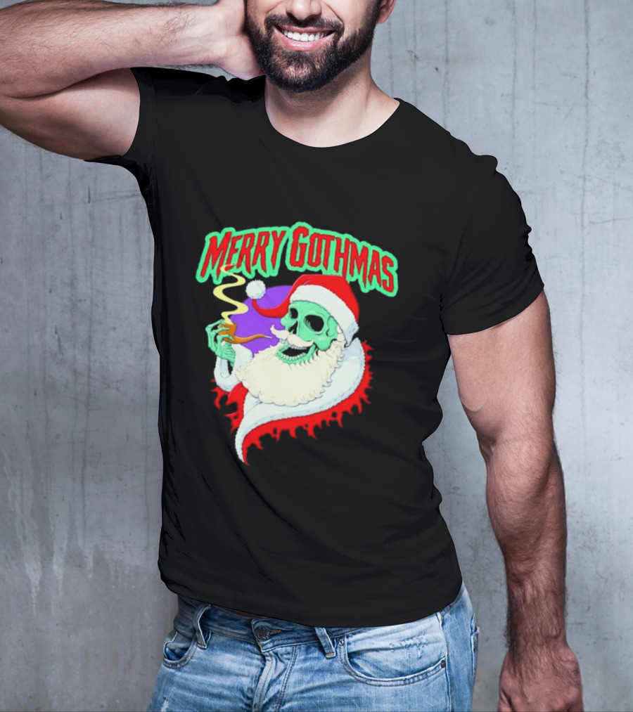 Merry Gothmas Skull Santa Smoking Holiday Greeting T-Shirt