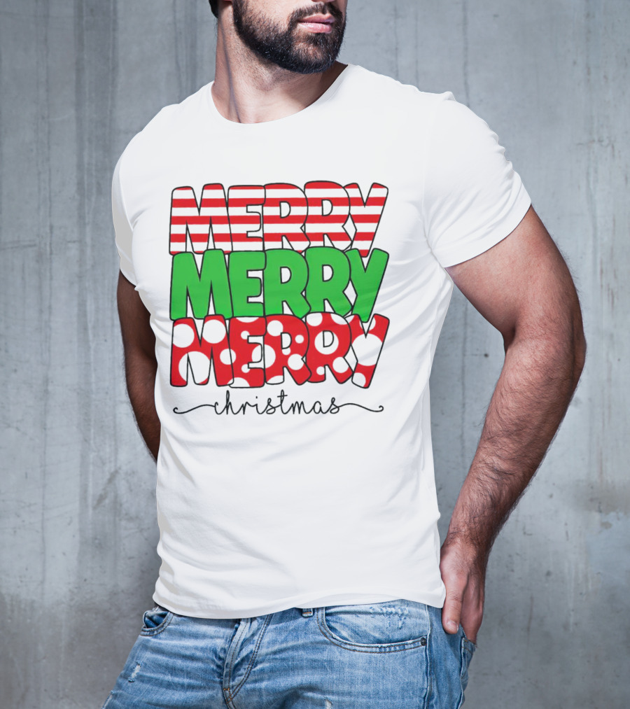 Merry Merry Merry Christmas Stripes And Polka Dots T-Shirt