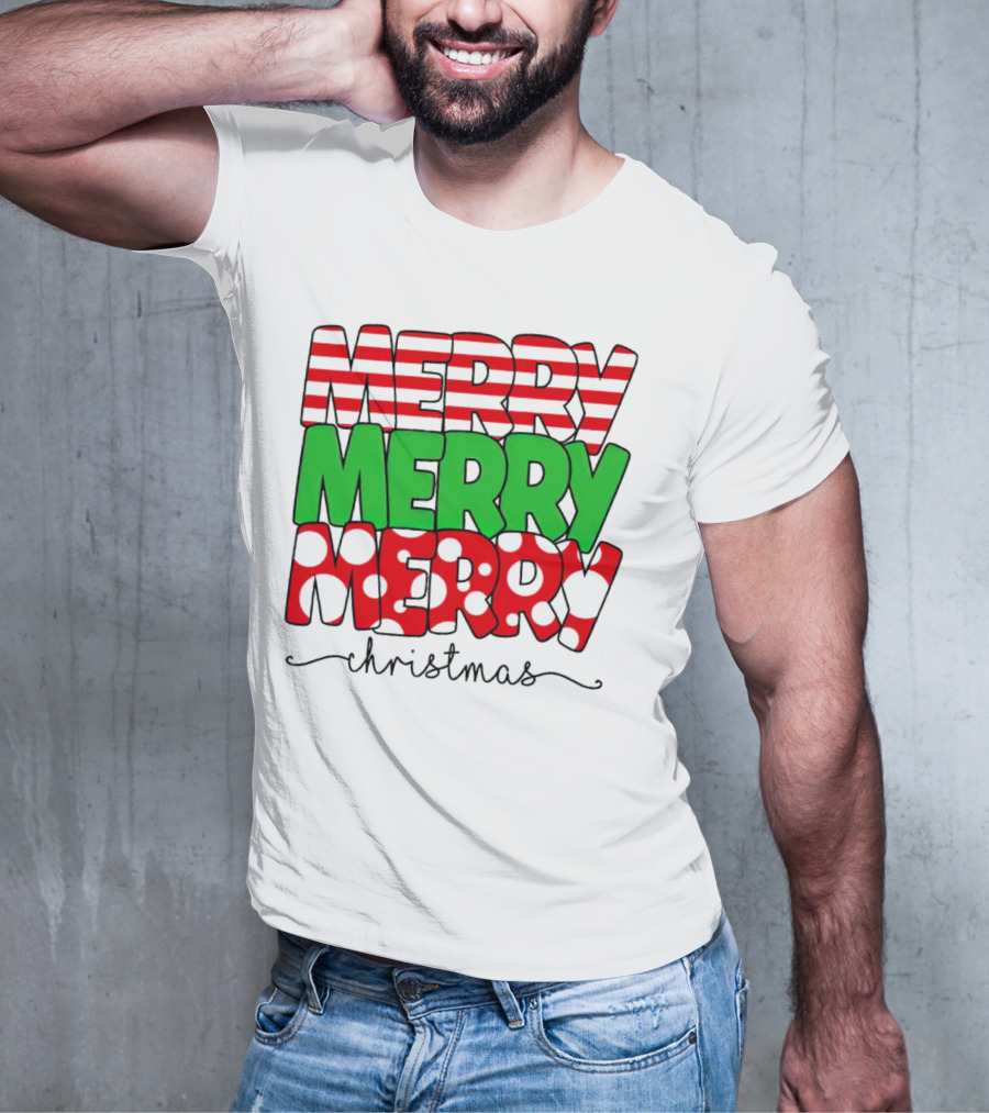 Merry Merry Merry Christmas Stripes And Polka Dots T-Shirt