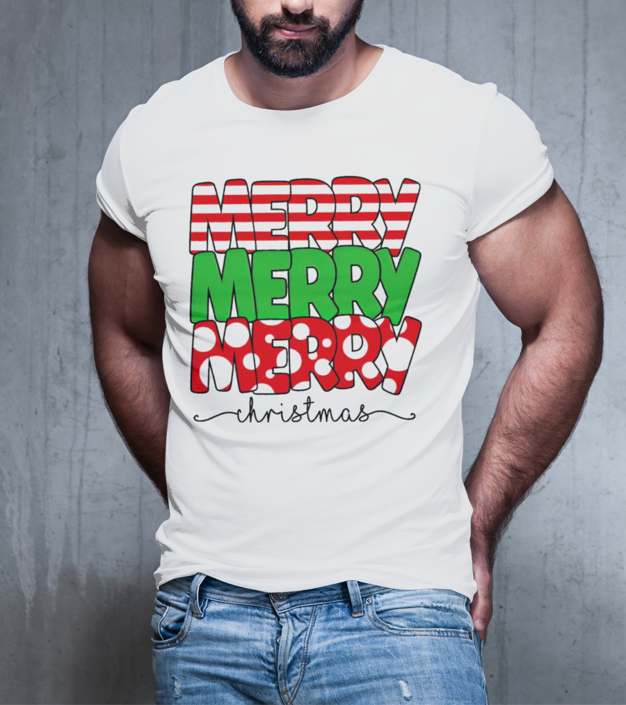 Merry Merry Merry Christmas Stripes And Polka Dots T-Shirt