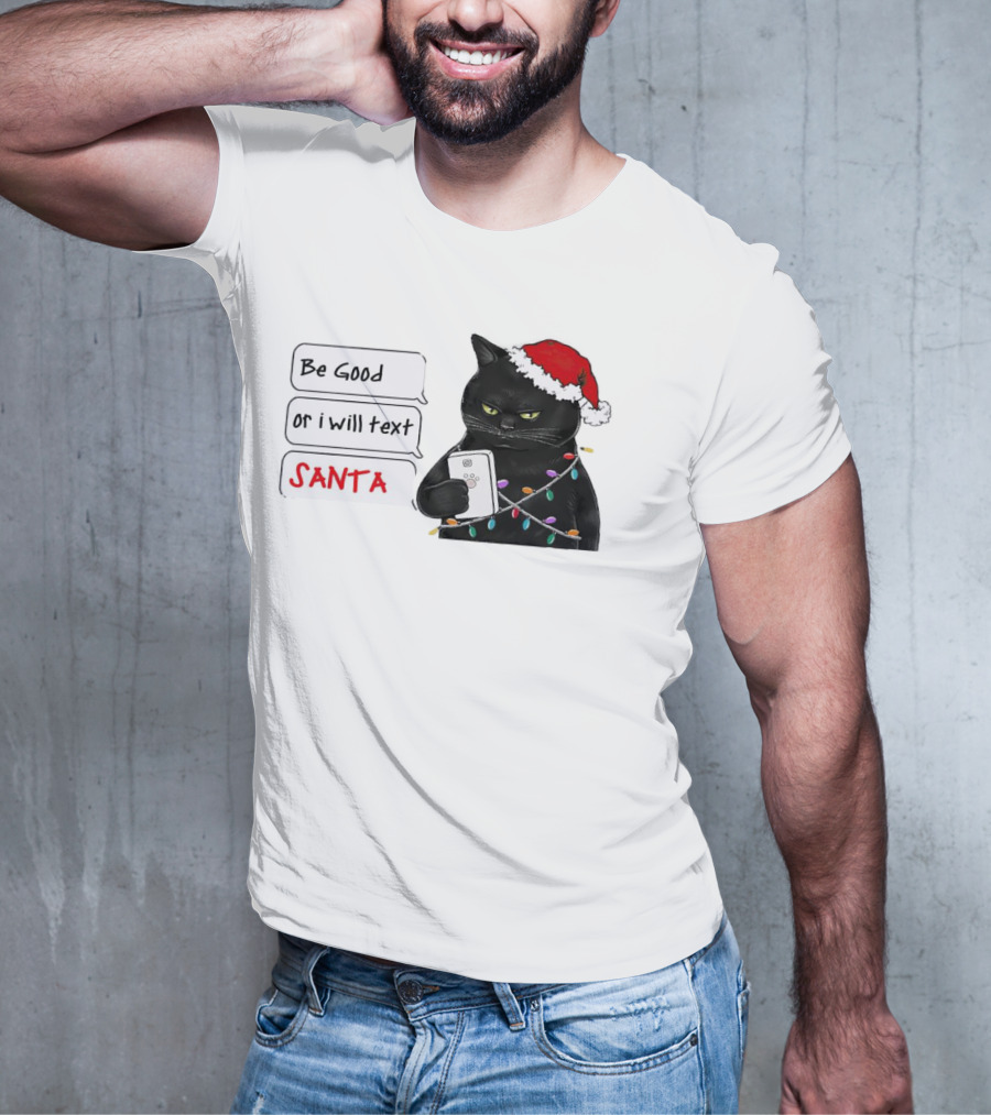 Black Cat Be Good Or I Will Text Santa Christmas Lights Hat T-Shirt