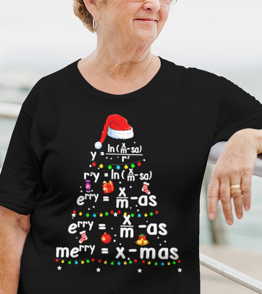 Merry Christmas Tree Math Equations In Santa Hat Form With Holiday Icons T-Shirt