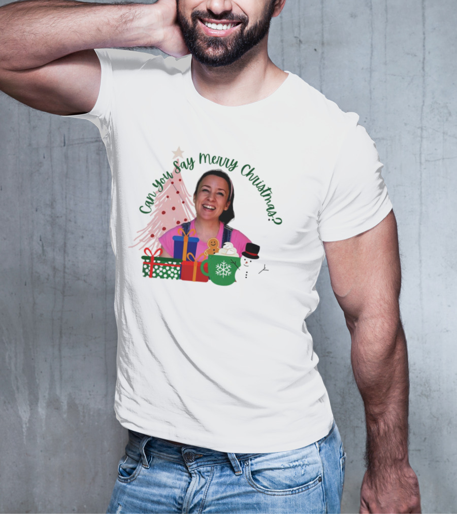 Miss Rachel Can You Say Merry Christmas Joyful Scene With Tree And Gifts T-Shirt