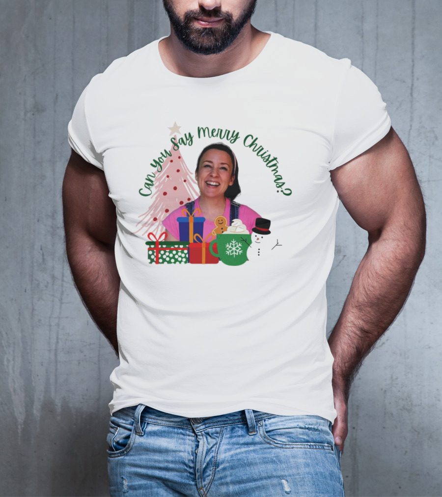 Miss Rachel Can You Say Merry Christmas Joyful Scene With Tree And Gifts T-Shirt