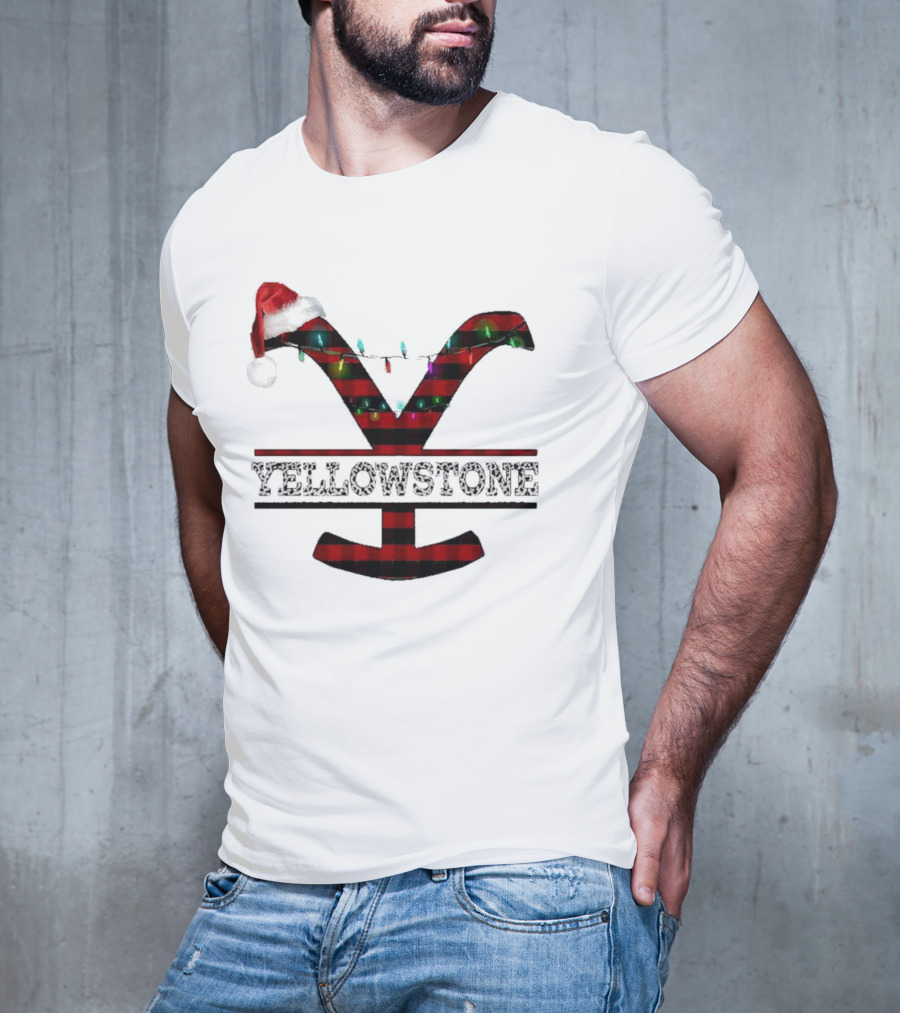 Yellowstone Christmas Santa Hat Lights Buffalo Plaid T-Shirt