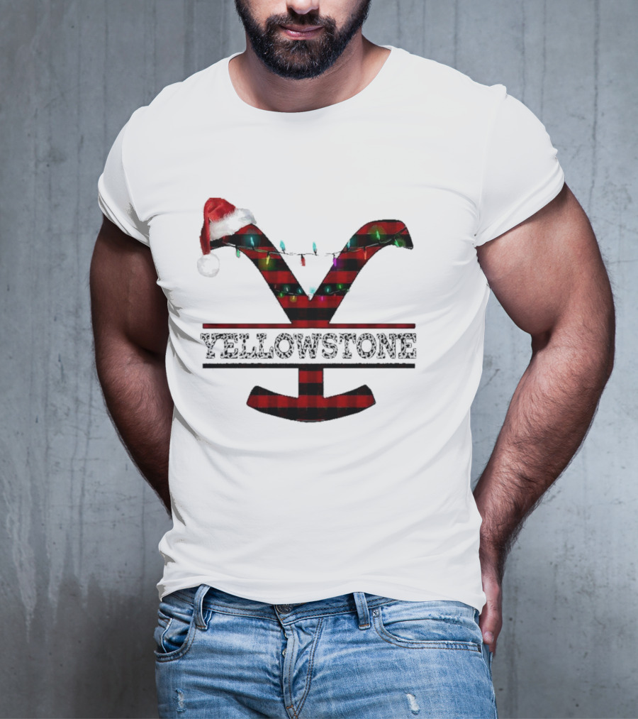 Yellowstone Christmas Santa Hat Lights Buffalo Plaid T-Shirt