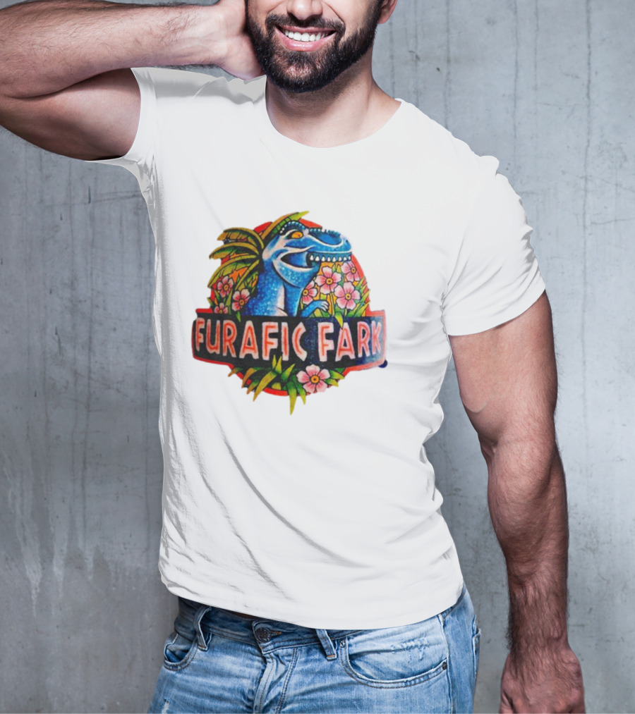 Furafic Fark Dinosaur With Tropical Flowers And Palm Leaves T-Shirt