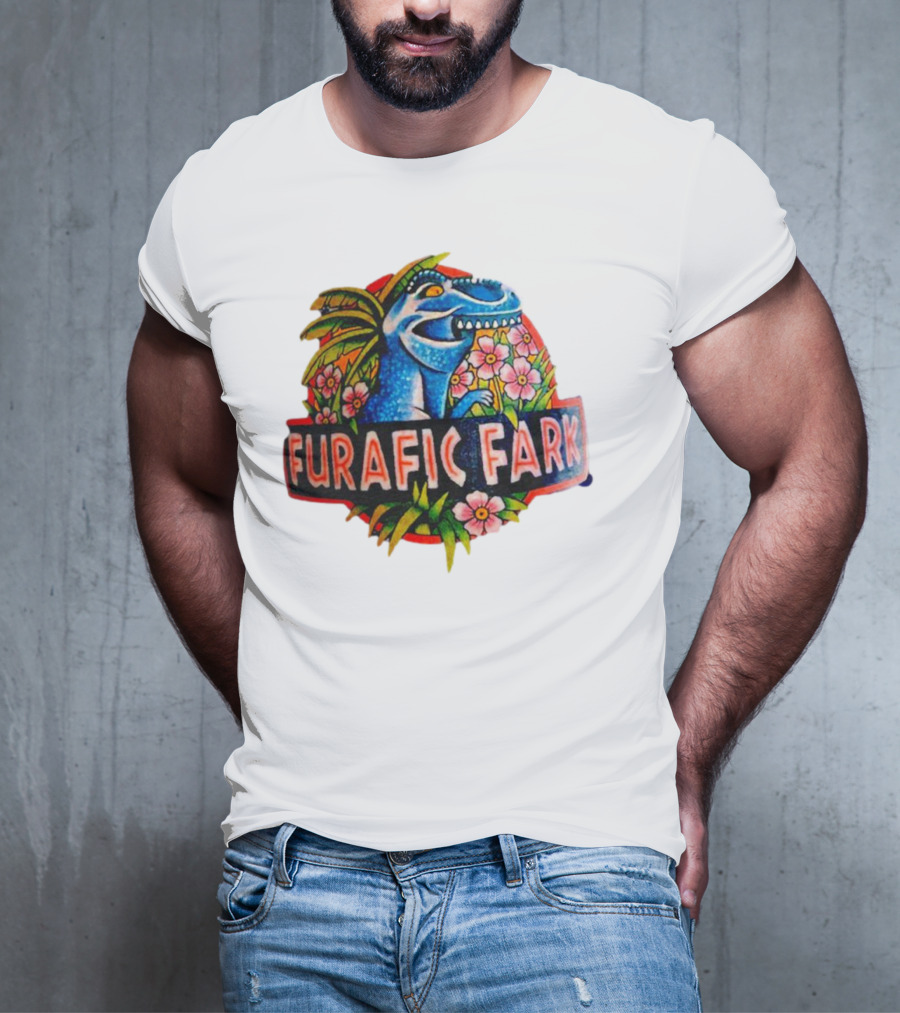 Furafic Fark Dinosaur With Tropical Flowers And Palm Leaves T-Shirt