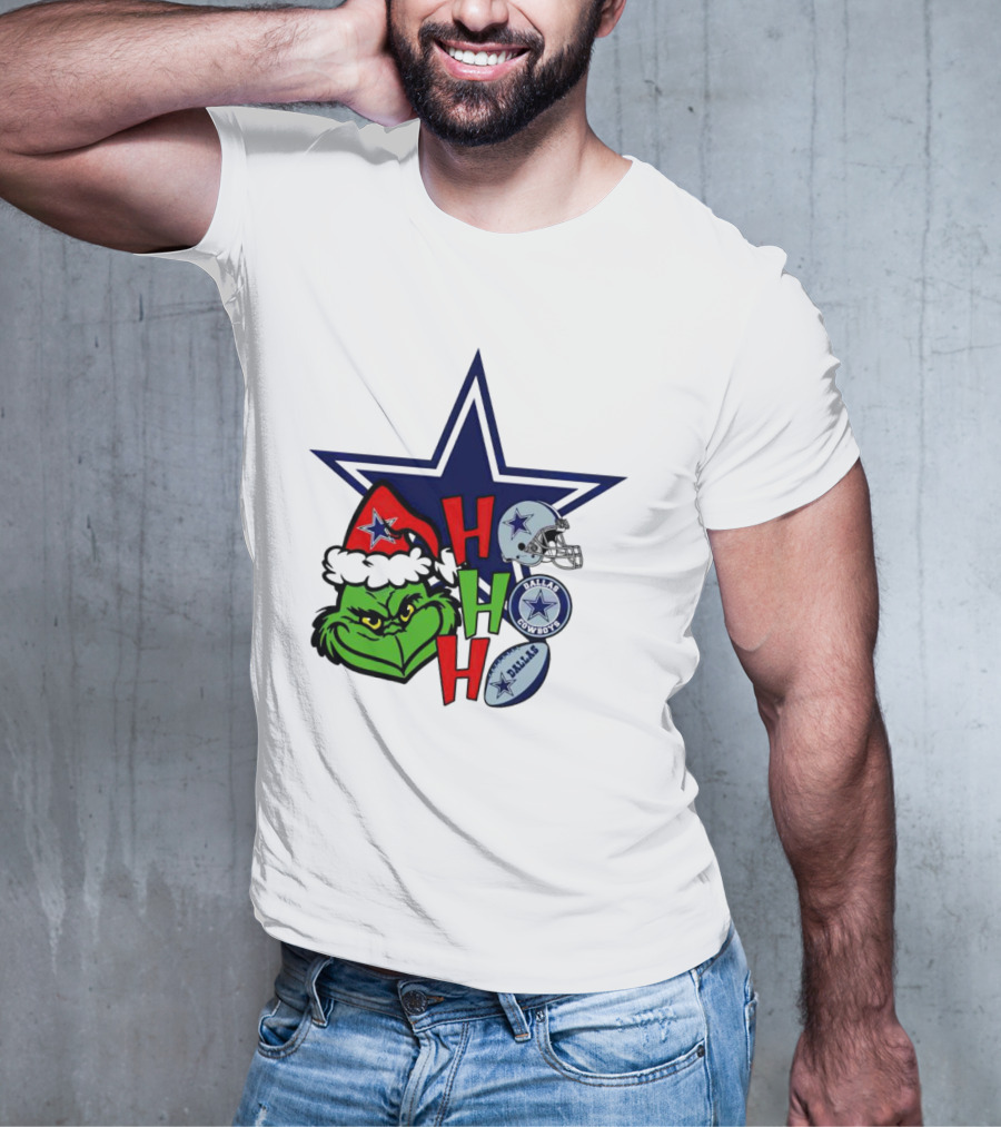 Santa Grinch Ho Ho Ho Dallas Cowboys Christmas Star Helmet T-Shirt