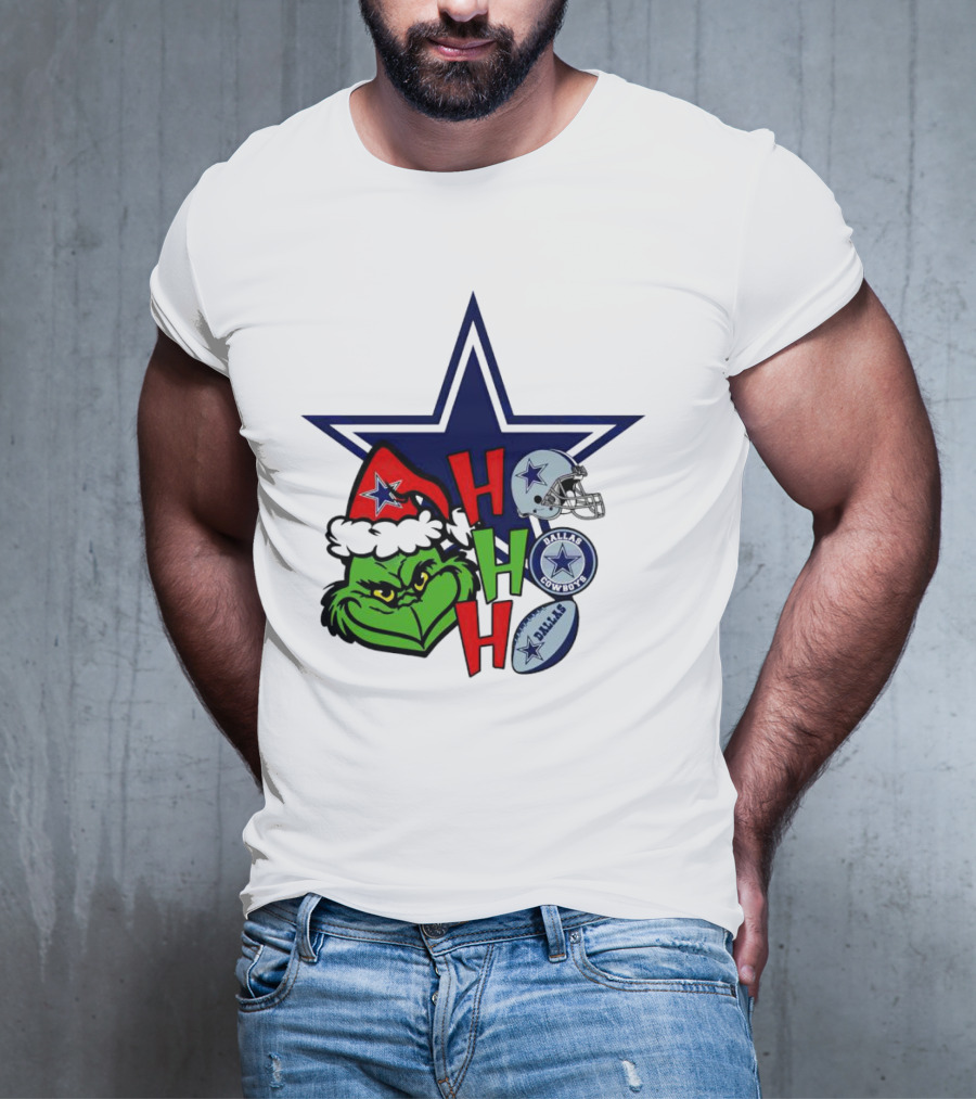 Santa Grinch Ho Ho Ho Dallas Cowboys Christmas Star Helmet T-Shirt