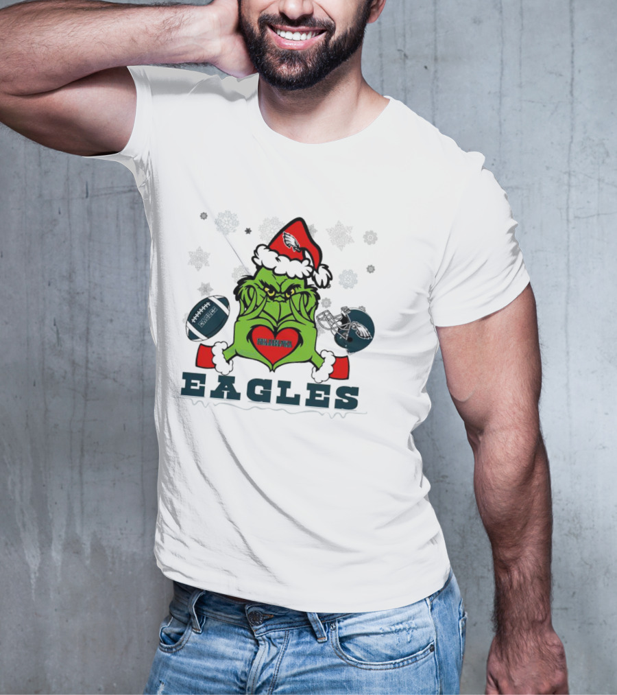 Grinch Santa Heart Philadelphia Eagles Christmas Football Helmet T-Shirt